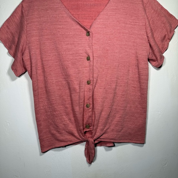Weatherproof Vintage Women's Pink‎ Salmon Tie Front Button V-Neck Short Sleeve - Picture 9 of 16